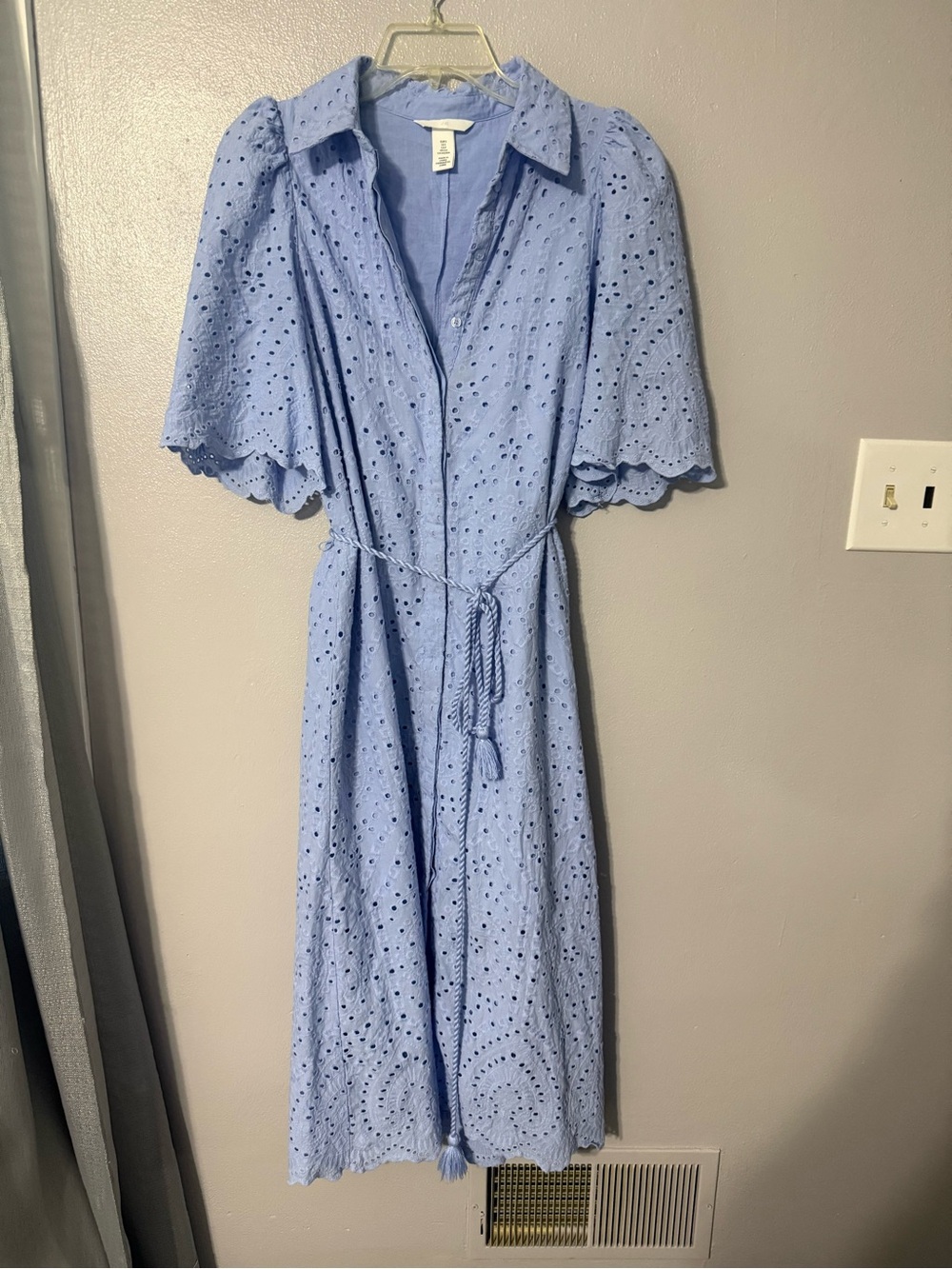 H&M Light Blue Eyelet Tie-Waist Midi Dress
